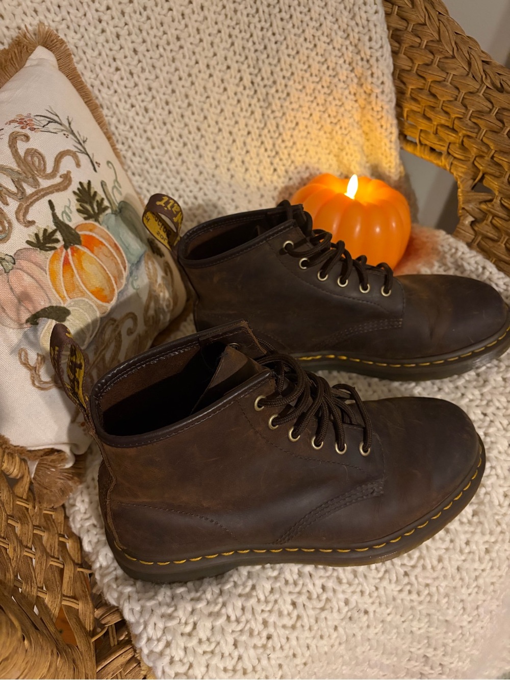 Dr. Martens Dark Brown Leather Boots with Yellow Stitching